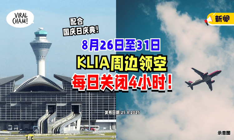 【配合国庆日庆典❗】8月26日至31日⚡ KLIA周边领空「每日这4小时」将关闭！