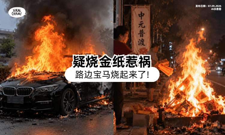 【中元节烧金纸酿祸❗】疑波及「路边宝马」起火⚡现场浓烟滚滚